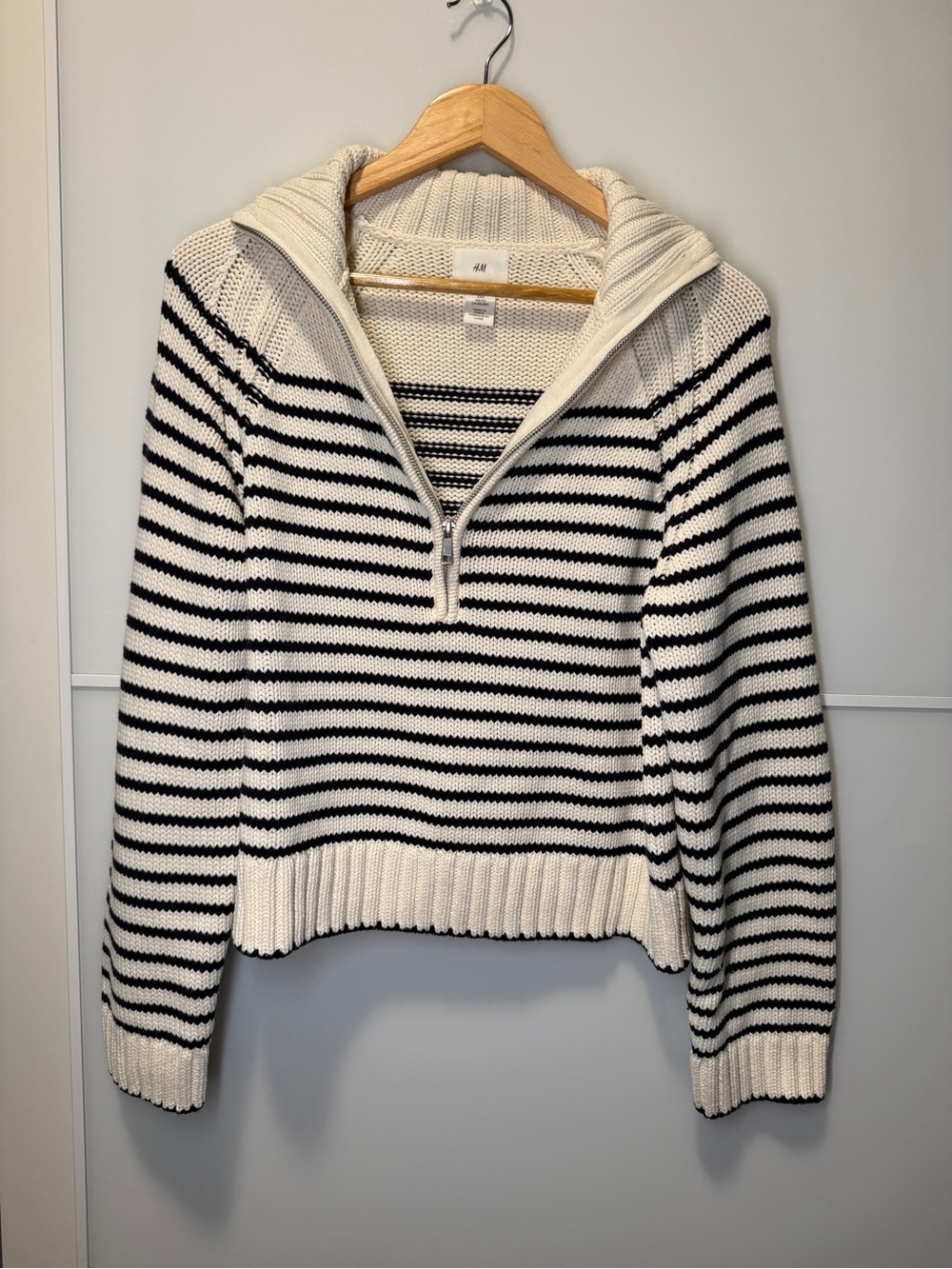 H&M Cream and Black Striped Half-Zip Turtleneck Sweater